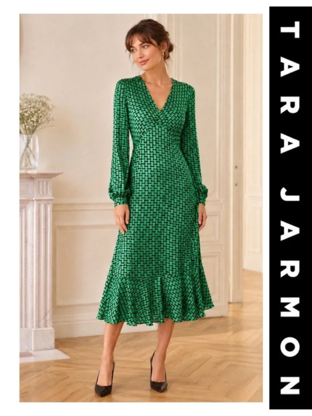 Tara Jarmon Paris Reine Green Geometric Satin Midi Dress EU 36/US 4 NWT $560